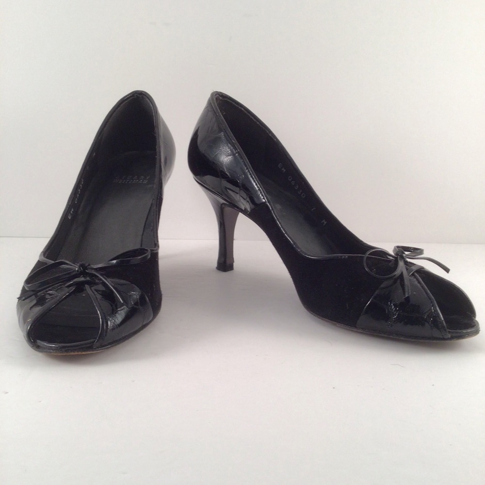 Stuart Weitzman Women’s Suede & Patent Leather Pumps Bow Black 3” Heels